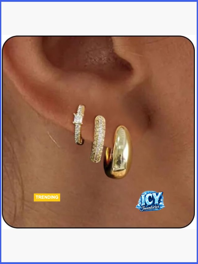 3 Pair Gold Hoop Earrings Set 14k Gold Plated Lightweight Chunky Open Hoops